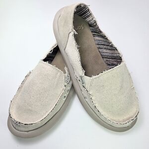 Sanuk Donna ST Frayed Hemp Canvas Natural Khaki Suede Loafers Womens Size 8